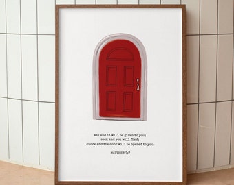 Mateo 7:7 Pedir, buscar, llamar a la puerta, arte mural moderno con versículos bíblicos, arte mural cristiano estético, impresión de escrituras bíblicas, arte cristiano minimalista