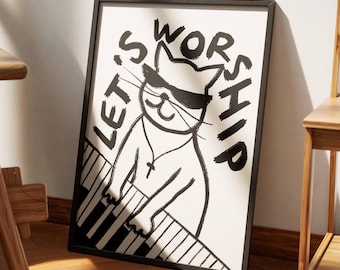 Retro Aesthetic Christian Wall Art Let's Worship Modern Christian Art Print Trendy Cat Illustration Poster Worship Leader Gift For Christian