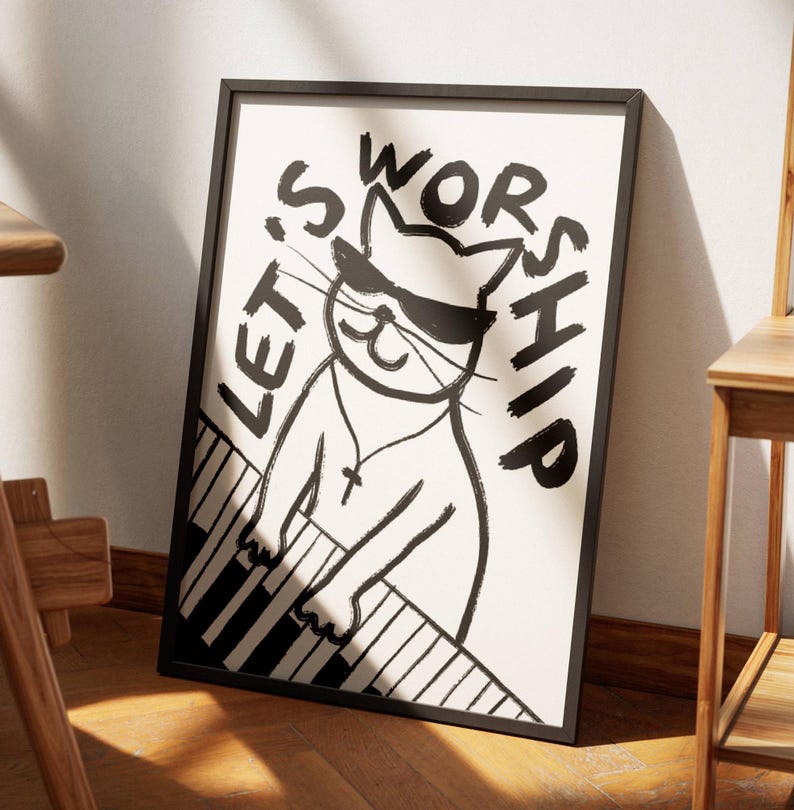Retro Aesthetic Christian Wall Art Let's Worship Modern Christian Art Print Trendy Cat Illustration Poster Worship Leader Gift For Christian