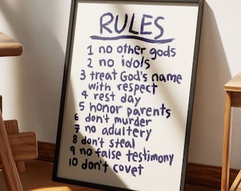 Retro Rules Art Print, 10 Commandments Aesthetic Christian Wall Art, Exodus 20 Modern Bible Verse Art, Trendy Room Decor Retro Christian Art