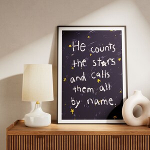 Psalm 147:4 He Counts The Stars and calls them all by name, Hand illustration Modern Bible Verse Wall Art, Aesthetic Christian Art, Biblical Scripture Art Print, Christian Bible Poster
