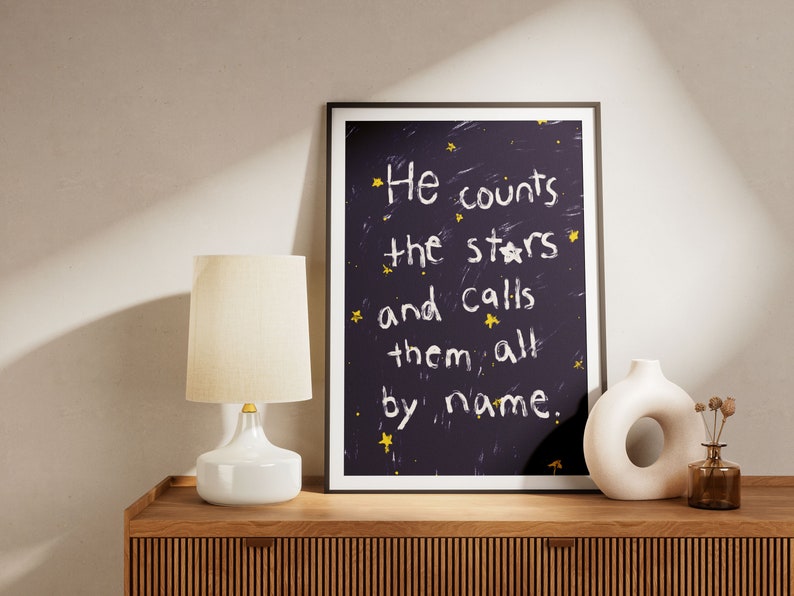Psalm 147:4 He Counts The Stars and calls them all by name, Hand illustration Modern Bible Verse Wall Art, Aesthetic Christian Art, Biblical Scripture Art Print, Christian Bible Poster