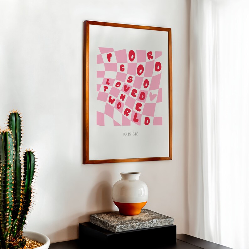 For God So Loved The World, John 3:16 Retro Groovy Christian Wall Art, Aesthetic Christian Girl Wall Art, Coquette Biblical Scripture Print
