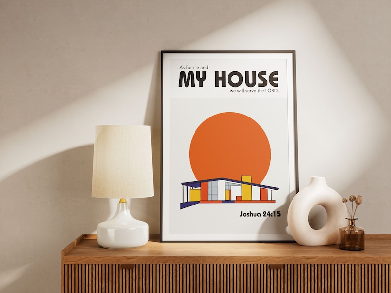 Joshua 24:15 Modern Bible Verse Art, Bauhaus architecture Wall Art, As For Me And My House we will serve the Lord, Biblical Scripture Art Print Aesthetic Christian God Poster