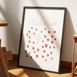 Jesus Wall Art Modern Christian Art Jesus Cross Artwork Minimal Faith-Based Religious Home Decor Christian Gift Heart Illustration Print
