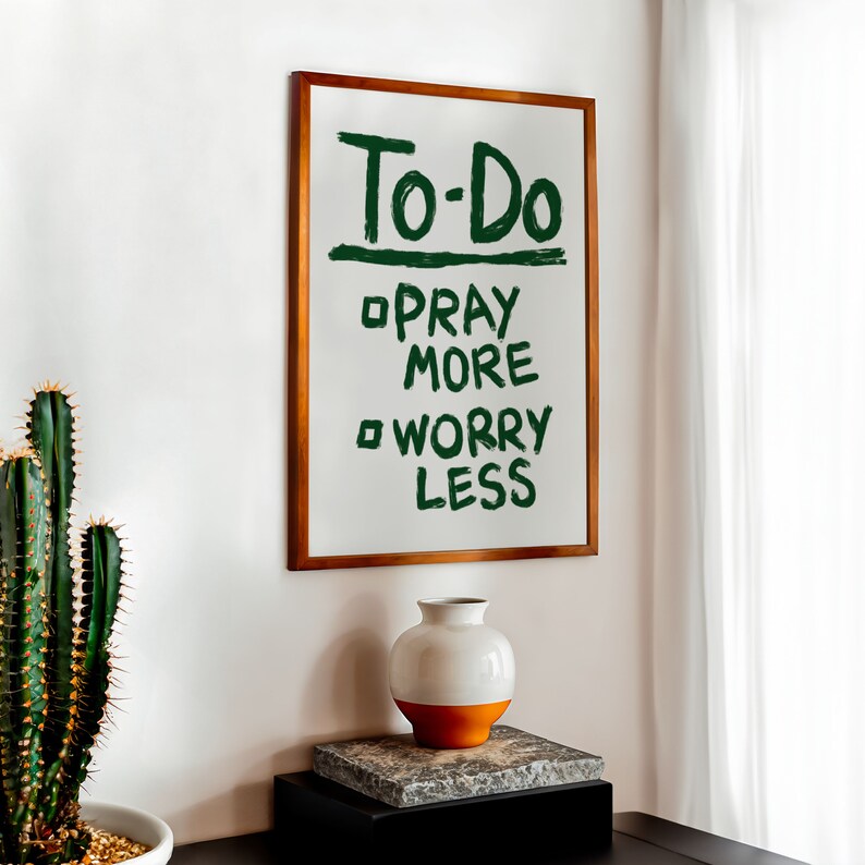 Pray More Worry Less Retro Christian Art Print, Aesthetic Christian Wall Art,  Modern Biblical Art, Prayer Room Decor Art, To Do List Poster
