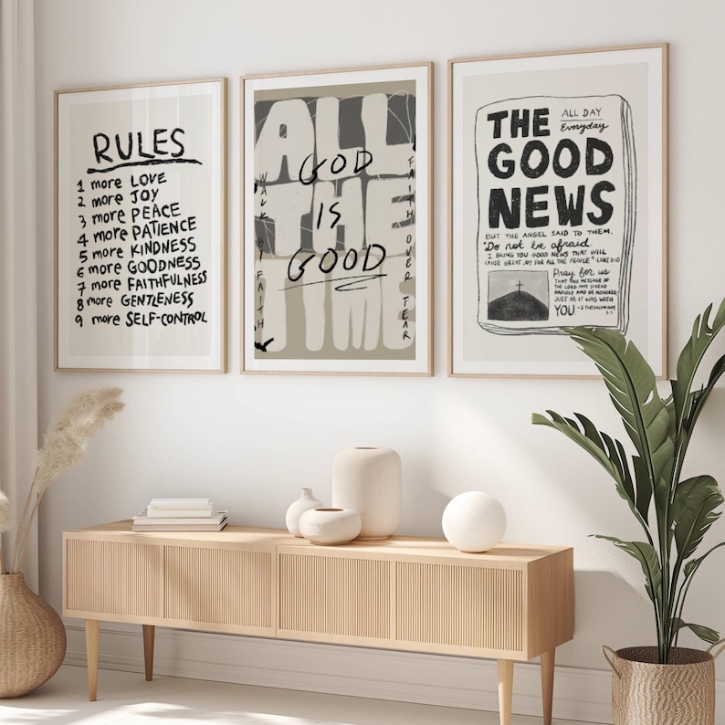 Set of 3 Aesthetic Christian Wall Art Bundle, Neutral Modern Christian Art Prints, Good News God Is Good Fruit Of The Spirit Scripture Art