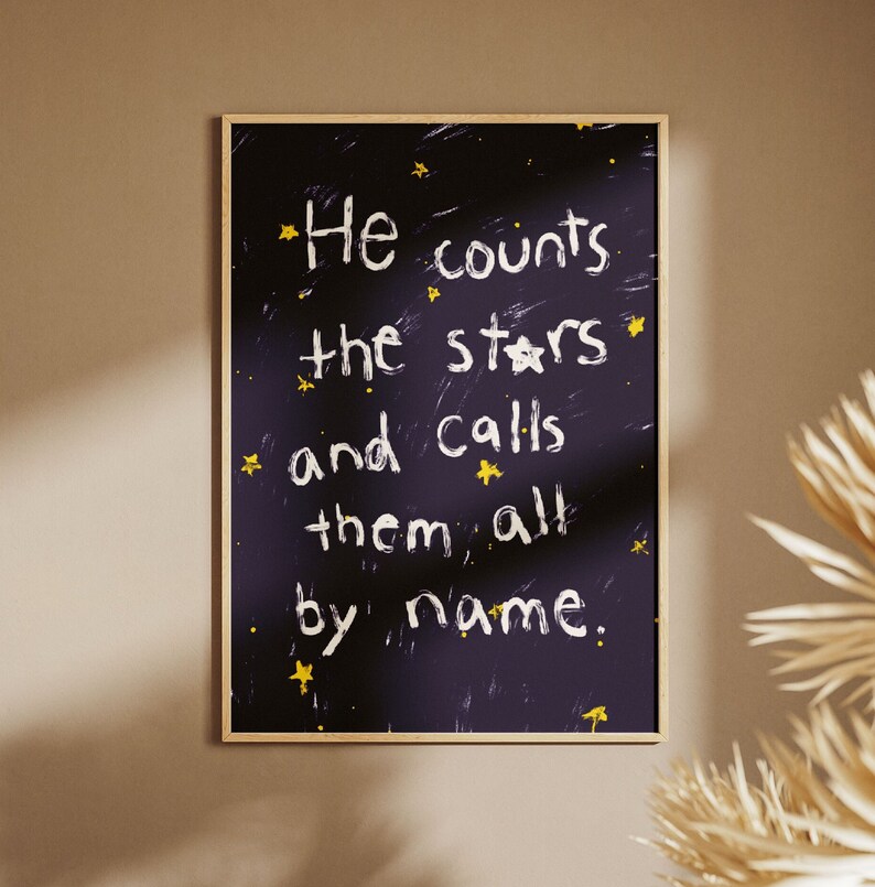 Psalm 147:4 He Counts The Stars and calls them all by name, Hand illustration Modern Bible Verse Wall Art, Aesthetic Christian Art, Biblical Scripture Art Print, Christian Bible Poster