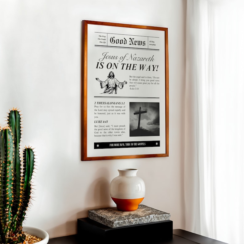Good News Newspaper Vintage Aesthetic Christian Wall Art, Luke 2:10, 2 Thessalonians 3, Modern Bible Verse Wall Art Biblical Scripture Print