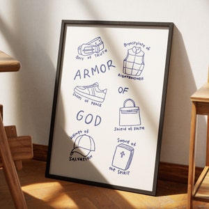 Armor of God Aesthetic Christian Wall Art Ephesians 6:10-18 Modern Bible Verse Art Print. Hand illustration pencil drawing sketch in blue. Biblical Scripture Art Simple Bible Art Christian Girl