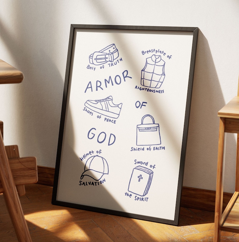 Armor of God Aesthetic Christian Wall Art Ephesians 6:10-18 Modern Bible Verse Art Print. Hand illustration pencil drawing sketch in blue. Biblical Scripture Art Simple Bible Art Christian Girl