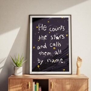 Psalm 147:4 He Counts The Stars and calls them all by name, Hand illustration Modern Bible Verse Wall Art, Aesthetic Christian Art, Biblical Scripture Art Print, Christian Bible Poster