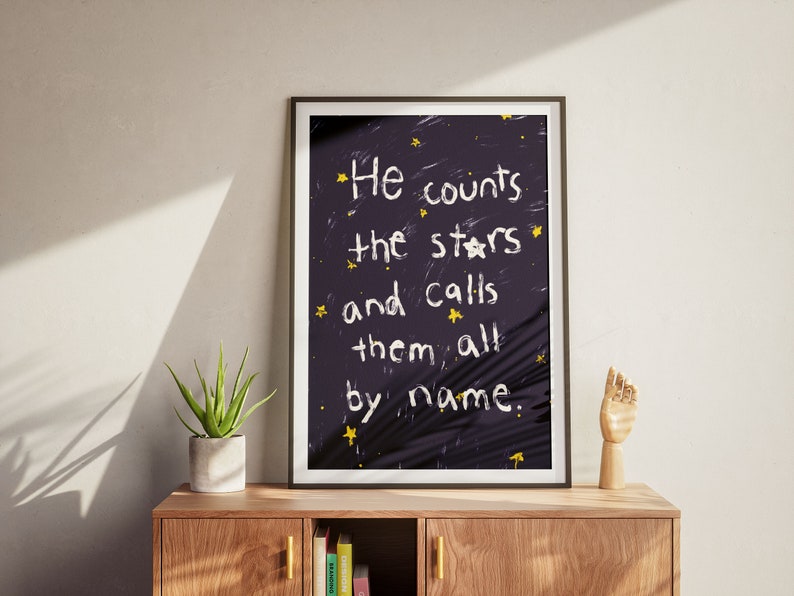 Psalm 147:4 He Counts The Stars and calls them all by name, Hand illustration Modern Bible Verse Wall Art, Aesthetic Christian Art, Biblical Scripture Art Print, Christian Bible Poster