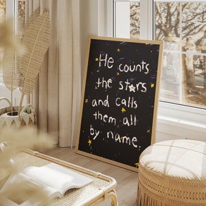 Psalm 147:4 He Counts The Stars and calls them all by name, Hand illustration Modern Bible Verse Wall Art, Aesthetic Christian Art, Biblical Scripture Art Print, Christian Bible Poster