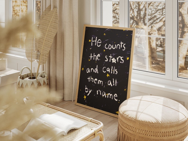 Psalm 147:4 He Counts The Stars and calls them all by name, Hand illustration Modern Bible Verse Wall Art, Aesthetic Christian Art, Biblical Scripture Art Print, Christian Bible Poster
