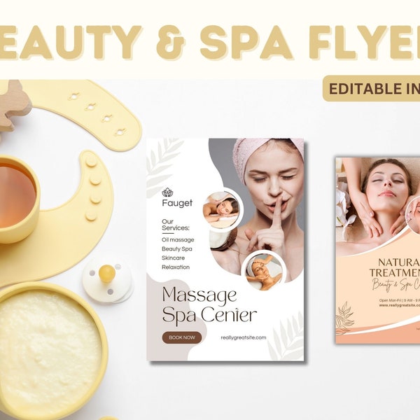 Beauty and spa template flyer,  Canva Editable Template for Luxurious Services, Special Offers, and Pampering Promotions.