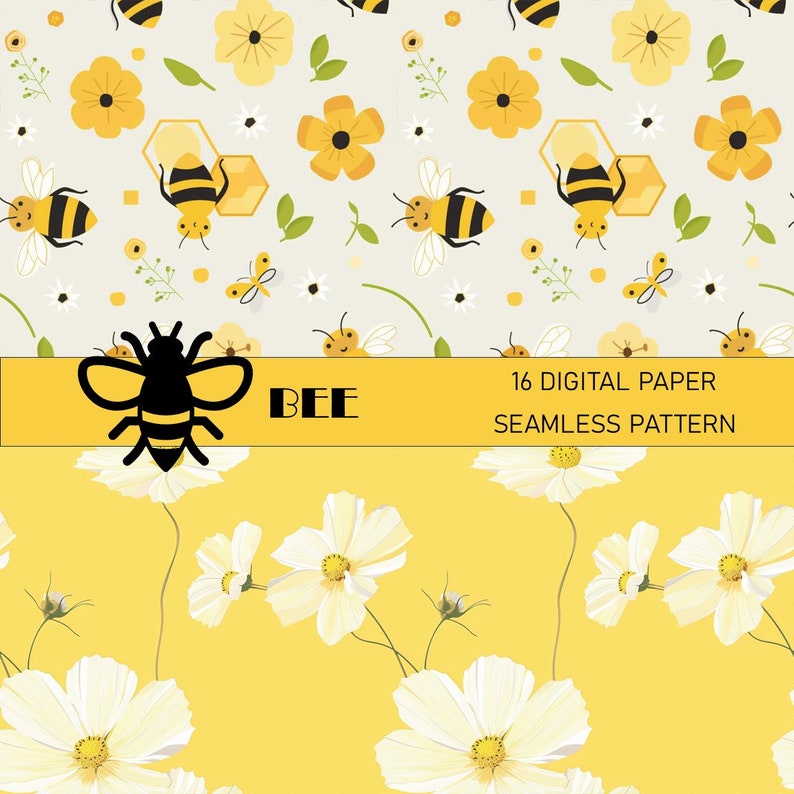 Bee Seamless Pattern Digital Paper Pack | Honeycomb & Floral Designs ...