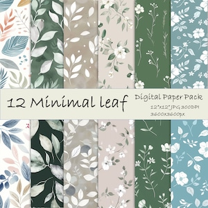 MINIMAL LEAF Carta digitale - Pacchetto carta digitale - 12 JPEG/12PNG - download istantaneo - modelli senza cuciture - acquerello - tono morbido