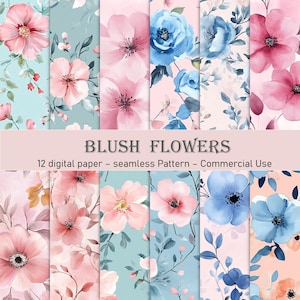 May include: A set of 12 digital paper designs featuring seamless patterns of watercolour blush flowers and blue flowers. The patterns are perfect for crafting, scrapbooking, and other creative projects.