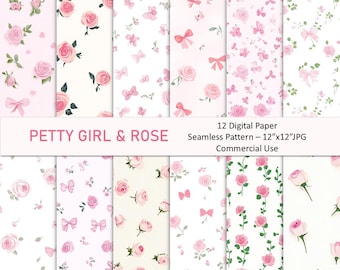 May include: Twelve digital paper patterns featuring pink roses and bows on a white background. The patterns are seamless and measure 12 inches by 12 inches. The text "PETTY GIRL & ROSE" is at the top of the image.