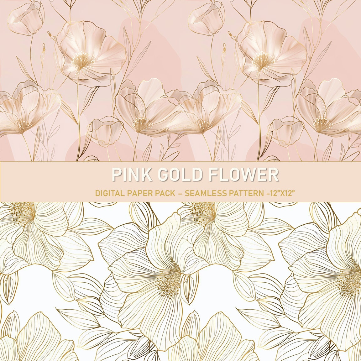 Pink Gold Flower Digital Paper: Seamless Floral Patterns (12x12in) - Etsy