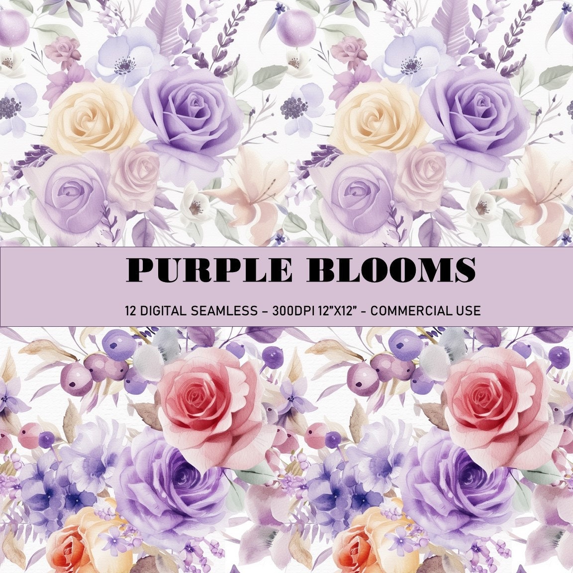 Purple Blooms Digital Paper Pack: Watercolor Floral Seamless Patterns ...