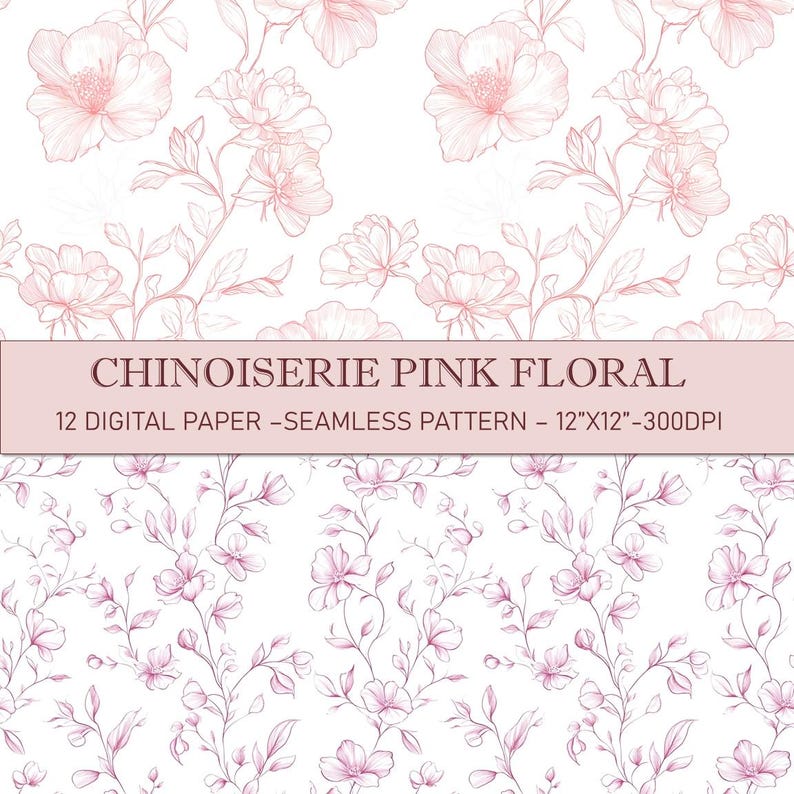 Chinoiserie Pink Floral Digital Paper: Seamless Scrapbook Patterns ...