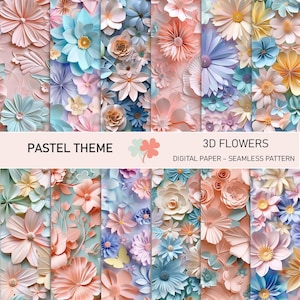Corte de papel floral pastel 3D - Padrões sem costura de pacote de papel digital - Cor pastel - flor sem costura - Download instantâneo - Uso comercial