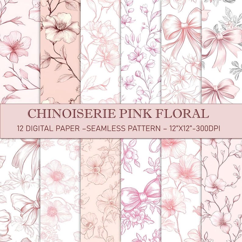 Chinoiserie Pink Floral Digital Paper: Seamless Scrapbook Patterns ...