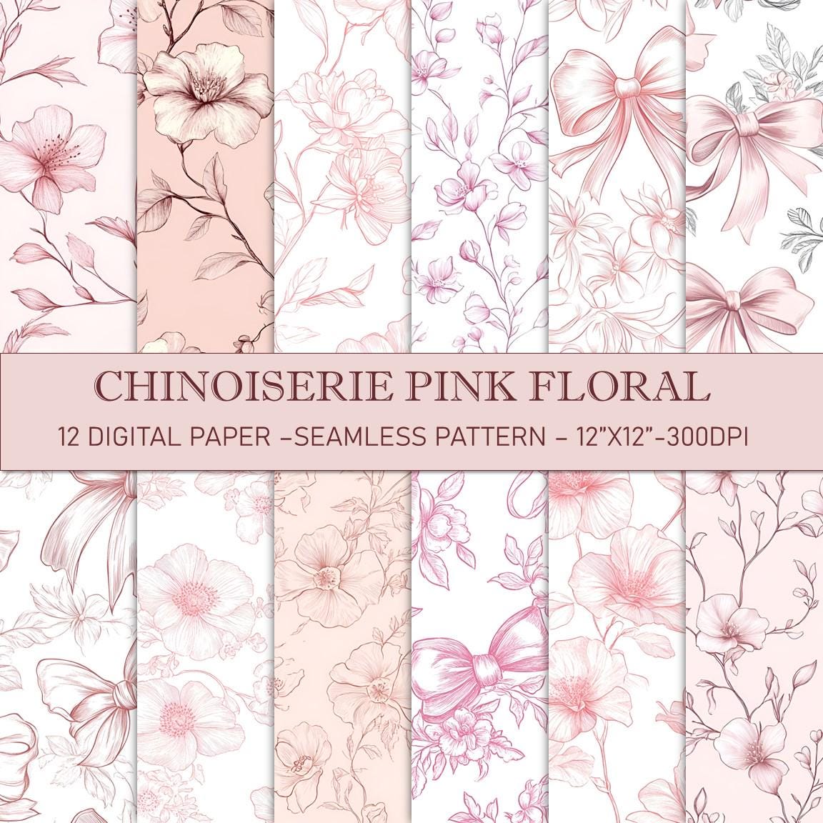 Chinoiserie Pink Floral Digital Paper: Seamless Scrapbook Patterns ...