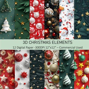 May include: Twelve digital papers featuring 3D Christmas elements. The papers feature a variety of designs, including red and white candy canes, green and gold stars, red and gold ornaments, and white Christmas trees. The papers are 300 DPI and measure 12 inches by 12 inches.