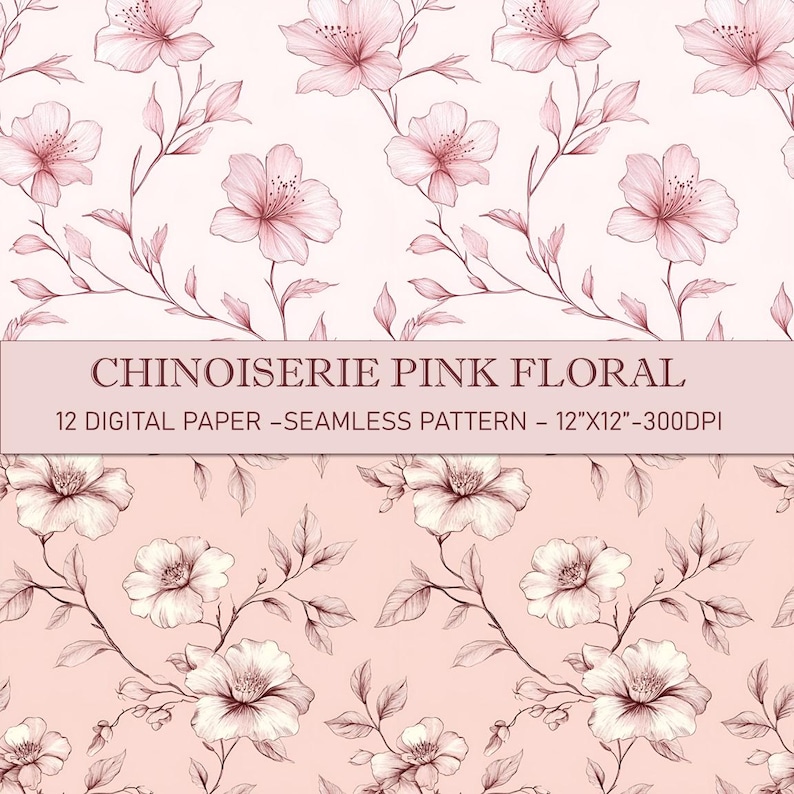 Chinoiserie Pink Floral Digital Paper: Seamless Scrapbook Patterns ...