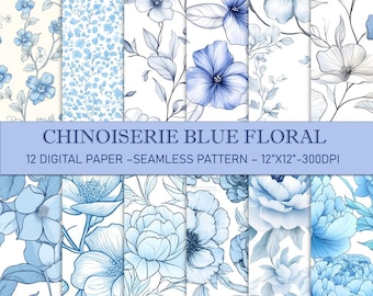 Chinoiserie Blue Floral Digital Paper: Seamless Scrapbook Patterns (Digital Download)