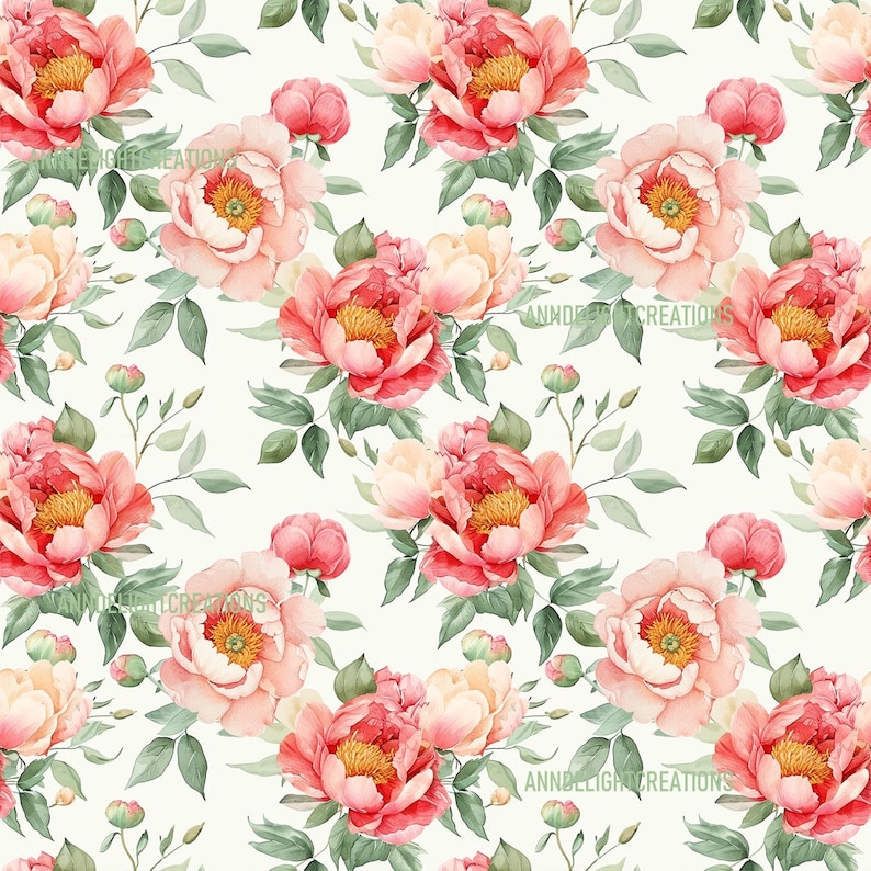 Pink Peony Watercolor Floral: Seamless Digital Paper (12 Jpegs/12 PNG ...