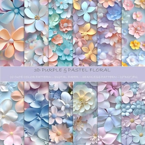 May include: Twelve digital paper patterns featuring 3D paper flowers in shades of purple, blue, pink, and yellow. The patterns are seamless and can be used for scrapbooking, card making, and other craft projects.