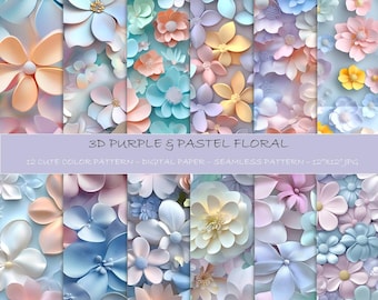 3D Pastel Floral Digital Paper: Seamless Scrapbook Patterns (Digital Download)