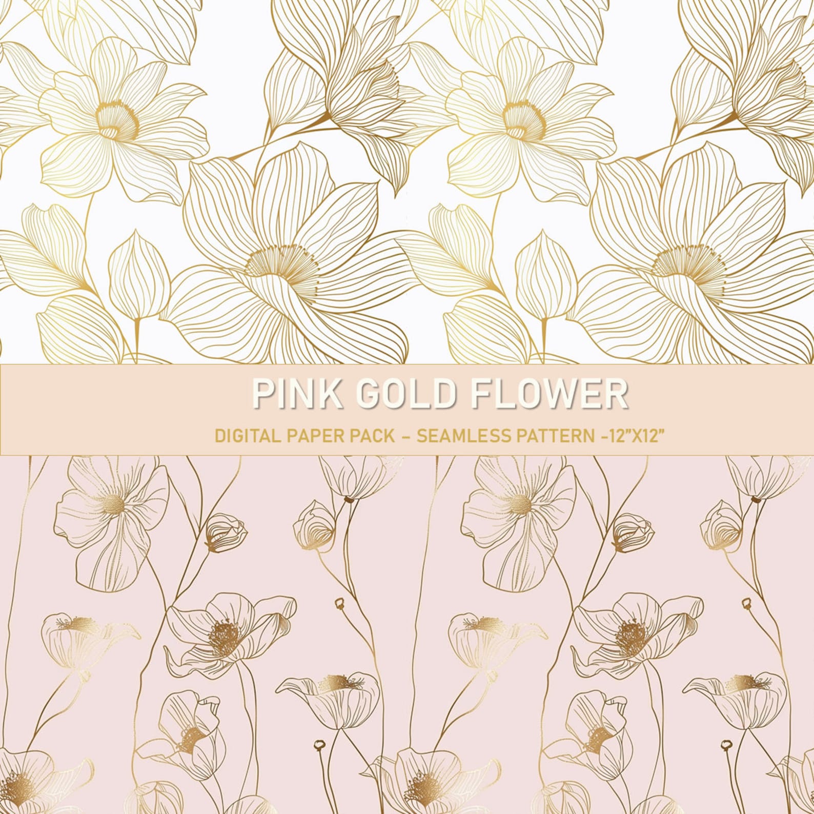 Pink Gold Flower Digital Paper: Seamless Floral Patterns (12x12in) - Etsy