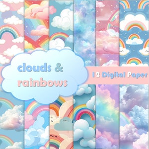 Design senza soluzione di continuità con nuvole e arcobaleni: decorazione murale personalizzata per la cameretta dei bambini (download digitale)