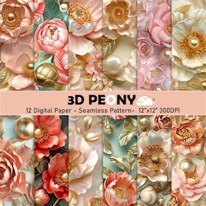 3D PEONY Digital Paper Pack - 12 jpg digitales Papier - nahtlose Muster - 3D Blumen - Digital Papier - Blush & Gold Ton - Kommerzielle Nutzung