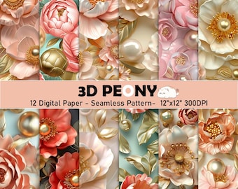 3D PEONY Digital Paper pack -12 jpg digital paper - seamless patterns - 3D floral -Digital paper - Blush & gold tone -Commercial Use