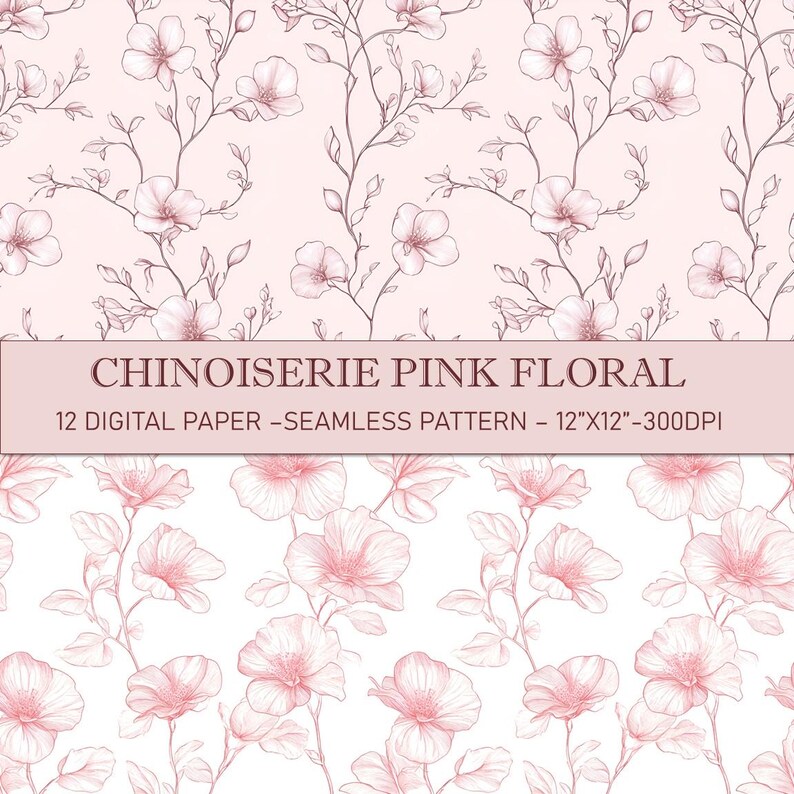 Chinoiserie Pink Floral Digital Paper: Seamless Scrapbook Patterns ...