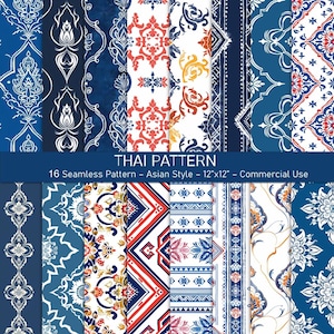 Könnte beinhalten: Ein Set mit 16 digitalen nahtlosen Mustern im thailändischen Stil. Die Muster zeigen eine Vielzahl von Farben, darunter Blau, Rot, Weiß und Gold. Die Muster eignen sich perfekt für die Verwendung in einer Vielzahl von Projekten, wie z. B. Stoff, Tapete und Scrapbooking.