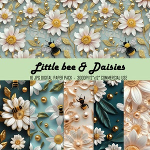May include: A digital paper pack with 16 images featuring white daisies and gold bees on a blue background. The text "Little bee & Daisies" is at the top of the image. The text "16 JPG DIGITAL PAPER PACK - 300DPI 12"x12" COMMERCIAL USE" is below the title.