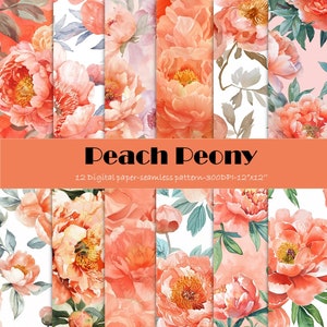 PEACH PEONY Digital Paper - 12 Digital seamless - High quality -watercolor floral- Commercial Use