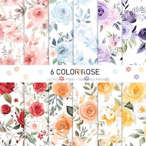6 COLOR ROSE - Digital Paper Pack - Seamless Pattern - Water Color, niji style - Rose Pattern - Watercolor Floral - Commercial Use