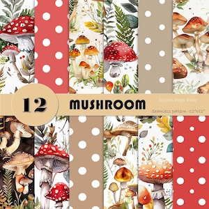 Puede incluir: Un paquete de papel digital con 12 patrones sin costuras que presentan ilustraciones de acuarela de hongos, hojas y lunares. Los patrones son de varios colores, incluidos rojo, marrón, blanco y verde. El texto "12 Mushroom Digital Paper Pack Seamless pattern - 12"x12" está incluido en la imagen.