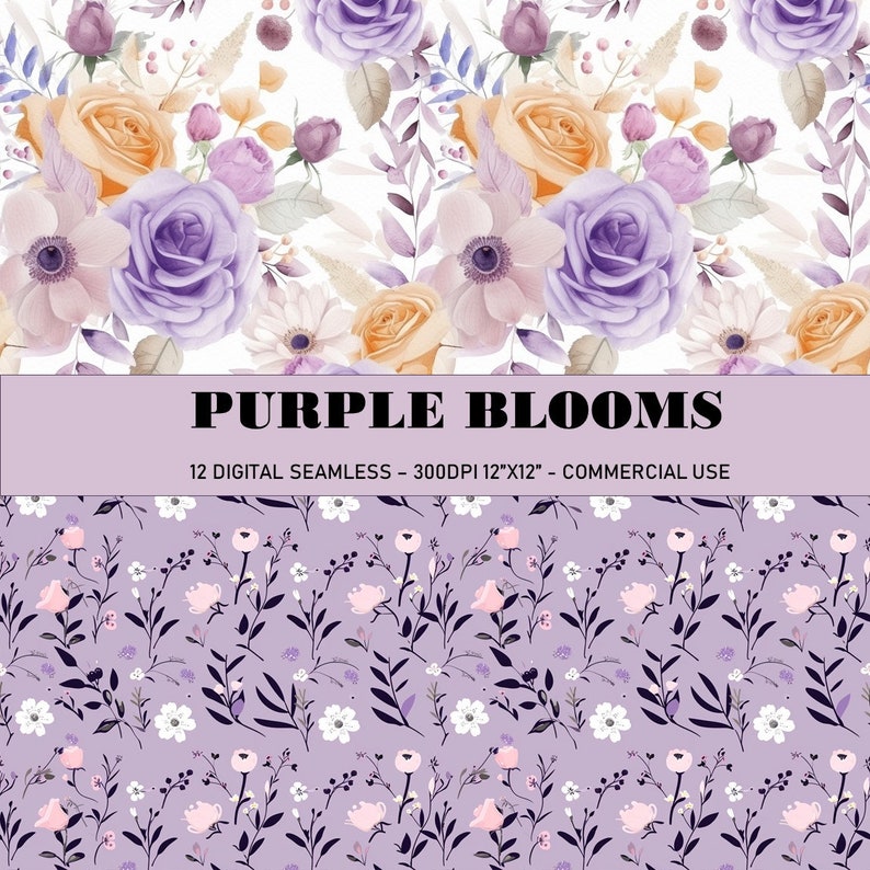 Purple Blooms Digital Paper Pack: Watercolor Floral Seamless Patterns ...