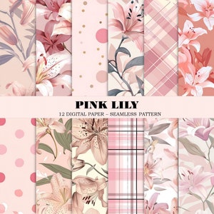 Pink Lily - Pacote de papel digital, padrão sem emenda de 12 jpegs, tom rosa suave, aquarela Lilly, cartão, artesanato em papel, uso comercial