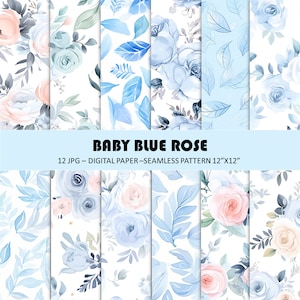 Baby Blue Rose ,Seamless Digital Paper Pattern | Floral Design for Crafts, watercolor flower ,seamless pattern, blue floral ,Commercial Use