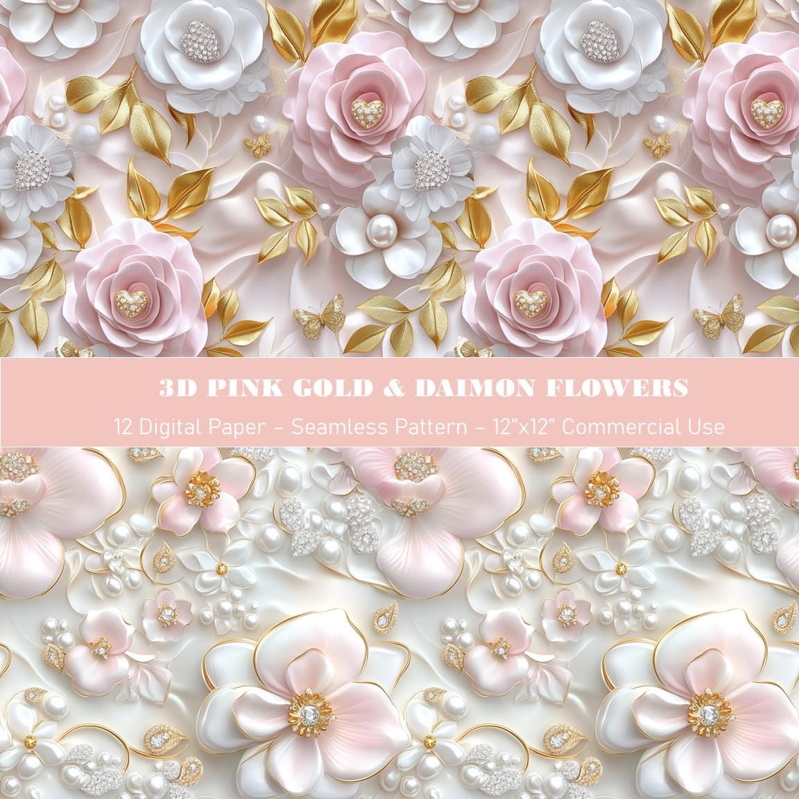 3D Pink Gold Floral Digital Paper: Seamless Diamond Patterns (digital ...